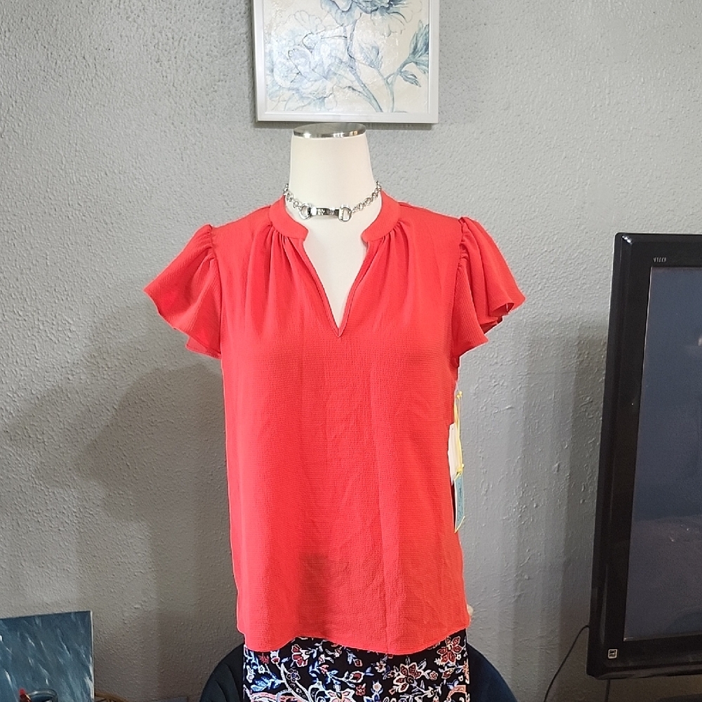 CeCe Poppy Red Flutter Sleeve Blouse